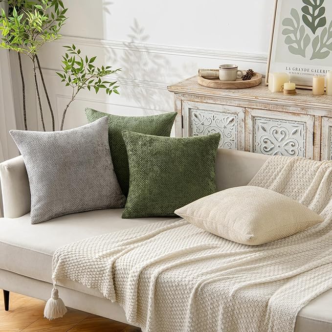 MIULEE Pack of 2 Couch Throw Pillow Covers 20x20 Inch Olive Green Modern Boho Accent Decorative Pillow Covers Soft Chenille Farmhouse Cushion Covers for Home Decor Bed Sofa Living Room