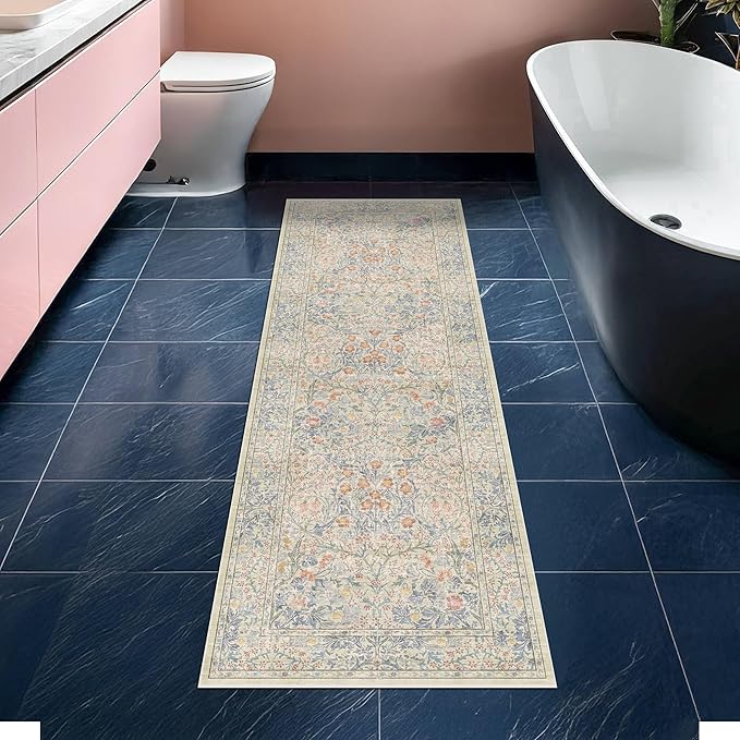 Hazo Haus Washable Bathroom Runner Rug 2x6 - Long Runner Rugs for Laundry Room, Bedroom, 24 x 72 Kitchen Floor Mat - Non Slip Vintage Design Décor, Beige Blue