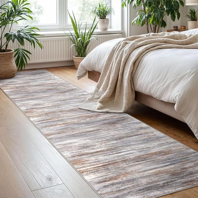 KOZYFLY Modern Abstract Hallway Runner Rug, 2x8 Kitchen Rugs Non-Slip Washable Soft Striped Kitchen Runner Rugs, Print Grey Brown Carpet Runner for Entryway Bathroom Laundry Room Foyer