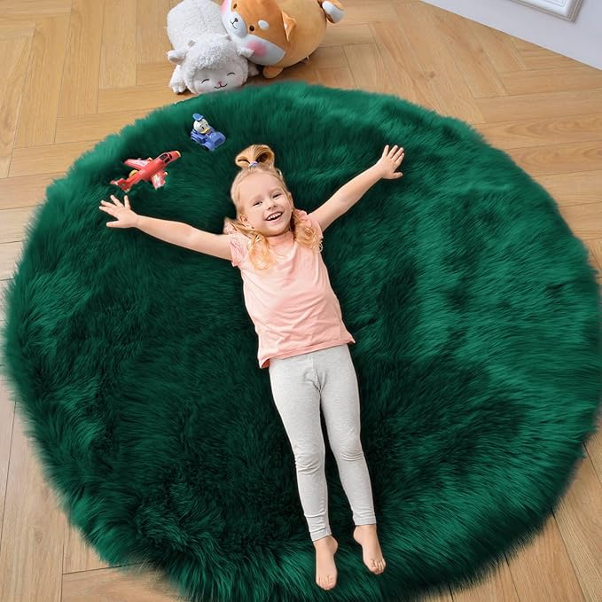 duduta Emerald Green Faux Sheepskin Round Rug 4x4 ft, Fluffy Shag Fur Bedroom Nursery Kids Playroom Circle Rug Dorm Decor Non Slip Washable