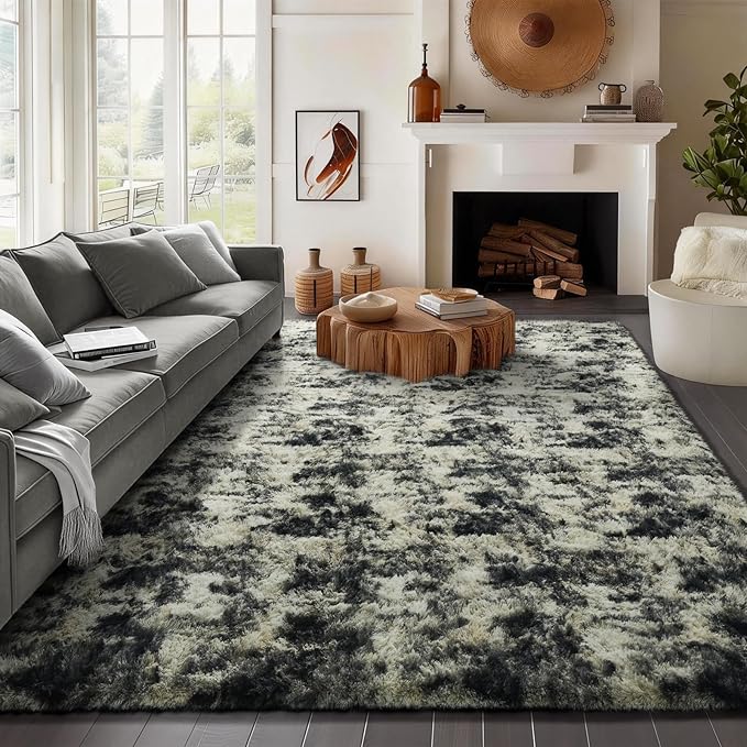Ophanie Black Gold and Grey Area Rugs for Living Room 8x10, Fluffy Shag Large Fuzzy Plush Soft Carpets, Floor Shaggy Rugs for Bedroom, Carpet for Kids Boys Girls Dorm Nursery Home Decor Aesthetic