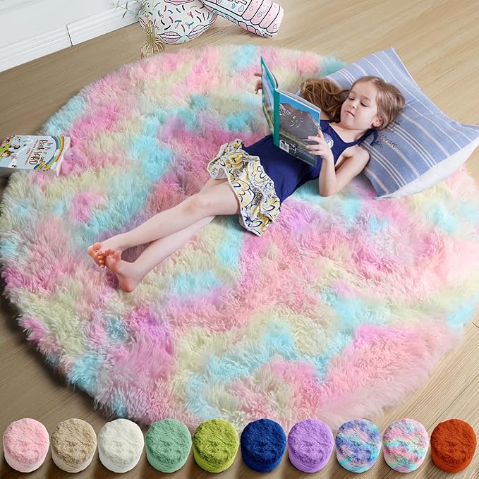 Amdrebio Rainbow Fluffy Round Rug 4Ft Kids Rugs for Girls Bedroom, Unicorn Room Decor, Colorful Pastel Shag Carpet for Preppy Dorm, Soft Cute Fuzzy Kawaii Circle Area Rugs for Baby Nursery, Playroom