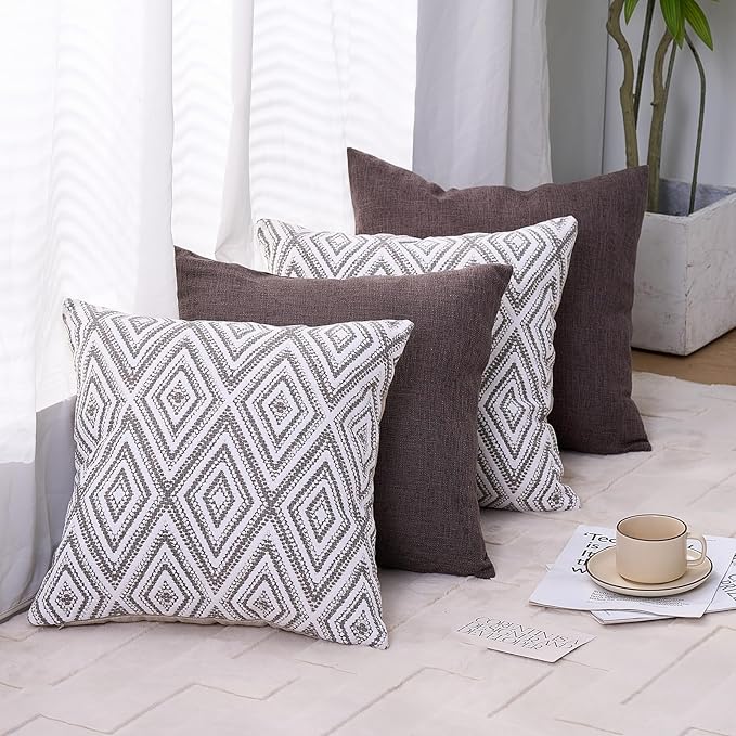 HPUK Decorative Throw Pillow Covers Set of 4 Dark Gray Geometric Design Linen Cushion Cover for Couch Sofa Living Room, 18"x18", Natural