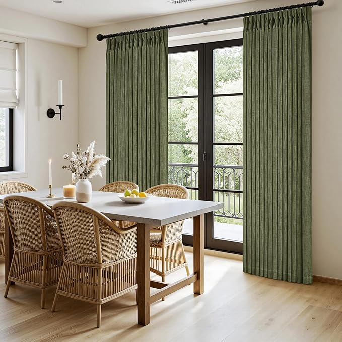 MIULEE Olive Green Pinch Pleated Linen Curtains 96 Inches Long 2 Panels for Living Room Bedroom, Linen Texture Memory Trained Drapes Back Tab Semi Sheer Moss Green Window Curtains with Hooks&Rings