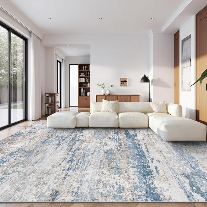 pmtsns Area Rugs 10x14 Living Room: Washable Rug Modern Abstract Neutral Soft Non-Slip Low-Pile Indoor Large Carpet for Bedroom Dining Room Playroom Home Office (Light Blue Brown, 10'x14')
