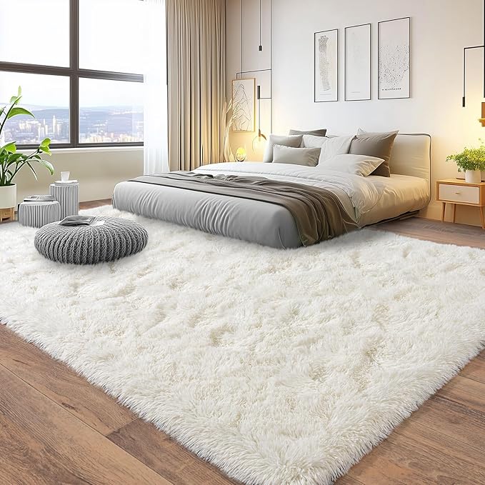 Pionblank 8x10 Rug for Living Room, Fuzzy Plush Large Area Rug, Fluffy Modern Shag Non Slip Soft Furry Carpet for Bedroom Kids Room Nursery Teens Dorm Home Decor, Cream White