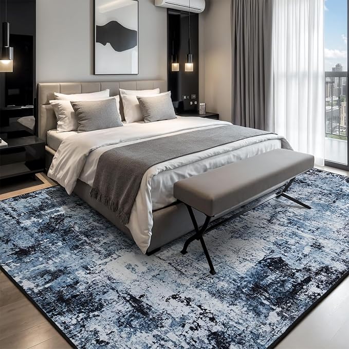 Rugflix 5x7 Area Rugs for Living Room, Washable Large Rug Stain-Resistant Low Pile, Modern Dark Carpet for Dining Room Home Office Kid Room Nursery Bedroom, Navy Blue/Black