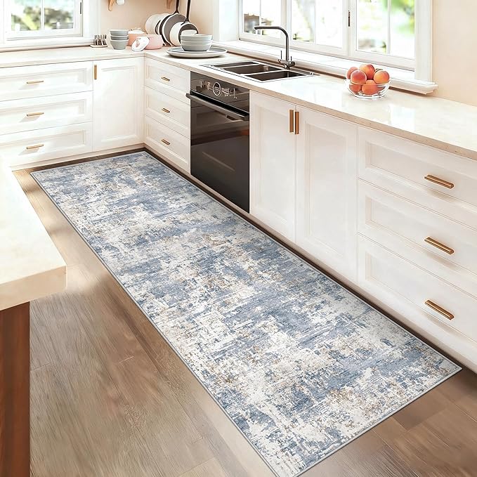 2x7 Runner Rug for Hallway, Washable Modern Abstract Runner Rugs Neutral Soft Non Slip Kids Rug Stain Resistant Indoor Runners for Hallways Entryway Bedroom Kitchen Laundry Room(Blue, 2'x7')