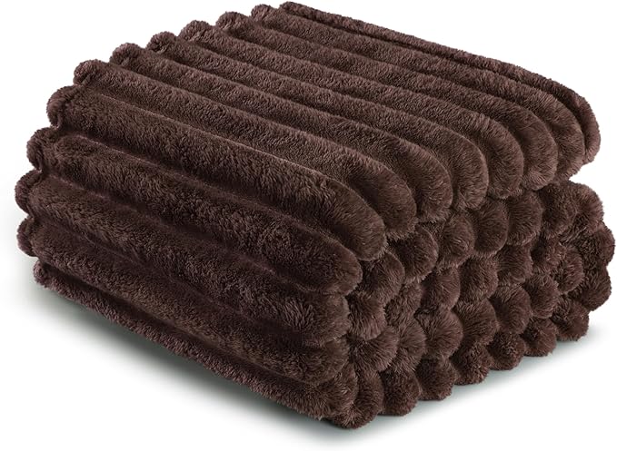 Exclusivo Mezcla Queen Size Flannel Fleece Blanket, Super Soft Striped Jacquard Bed Blanket, Lightweight Fuzzy Cozy for All Seasons, 90x90 Inches, Coffee