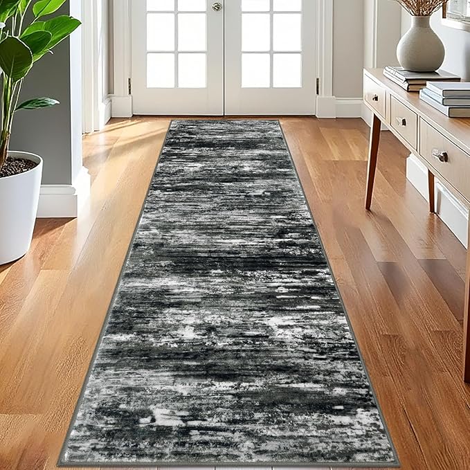 KOZYFLY 3x8 Ft Rug Modern Ombre Runner Rug for Hallway, Washable Kitchen Rugs Non-Slip Soft Striped Entryway Rug, Print Black Grey Abstract Carpet for Laundry Nursery