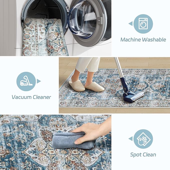 Madane Hallway Runner Rug 2x12, Extra Long Washable Runner Rugs with Rubber Backing, Non Slip Carpet Runner, Vintage Rug Runners for Kitchen Laundry Room Entryway (Navy, 2'x12')