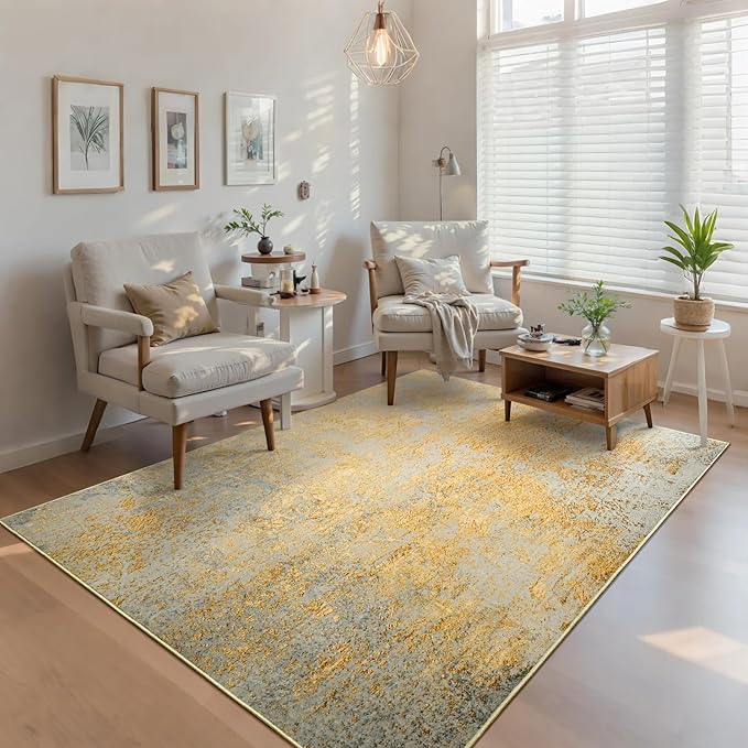 Living Room Rug 5'x7' Area Rug Washable Boho Carpet Non Slip Abstract Vintage Indoor Large Rugs for Bedroom, Classroom, College Dorm, Farmhouse, Dining Room, Kids Playroom (Orange, Silver & Gray)