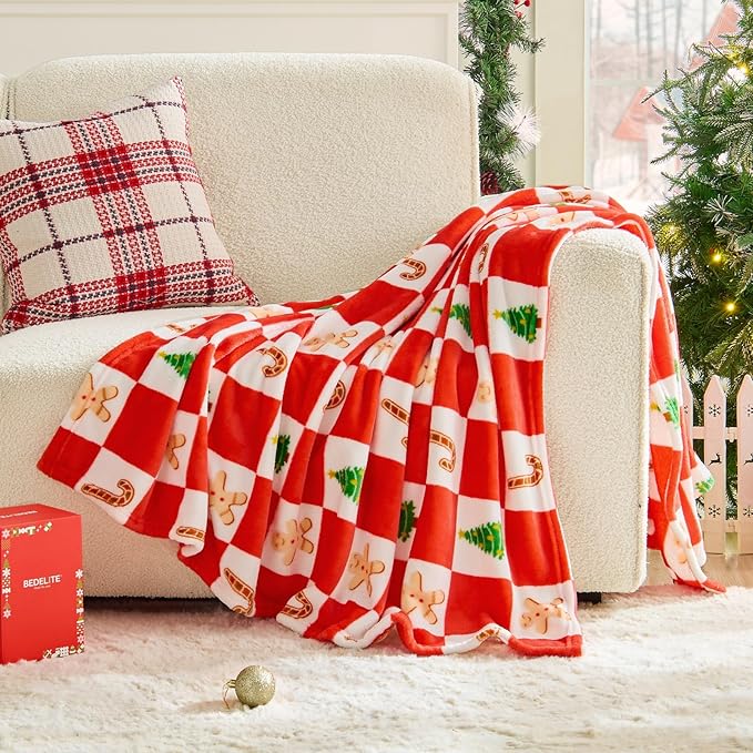 BEDELITE Christmas Throw Blanket – Red and White Checkered Holiday Blanket with Gingerbread Man, Candy Cane & Christmas Tree Pattern, Soft Warm Fleece Christmas Blanket for Home Décor & Gift, 50"x60"