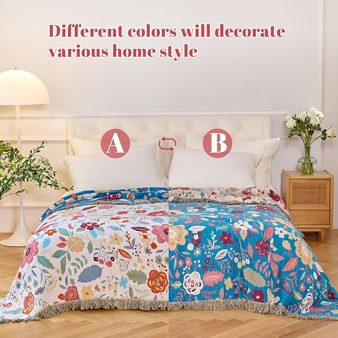 MSGKV Boho Throw Blanket for Couch 100% Cotton Floral Blanket 50"x60" Sofa Bed Chair Blanket All Seasons Lightweight Farmhouse Muslin Spring Breathable Blankets Home Decor