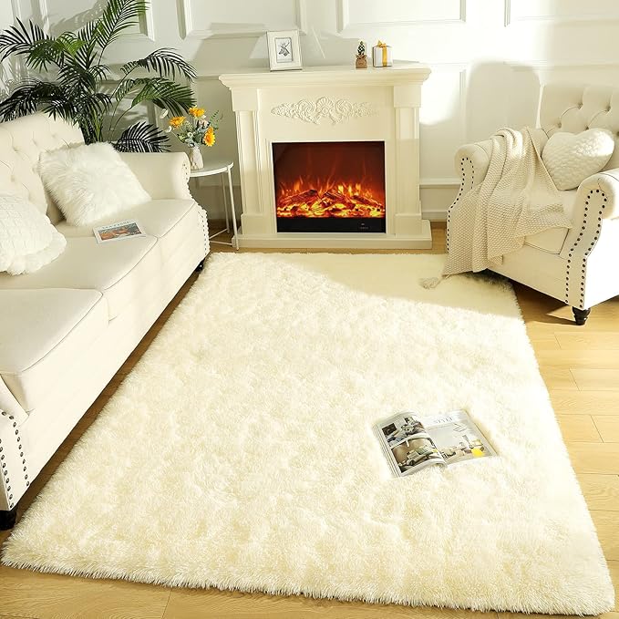 LOCHAS Ultra Soft Indoor Modern Area Rugs Fluffy Living Room Carpets for Children Bedroom Home Decor Nursery Rug 4x5.3 Feet,Light Champagne