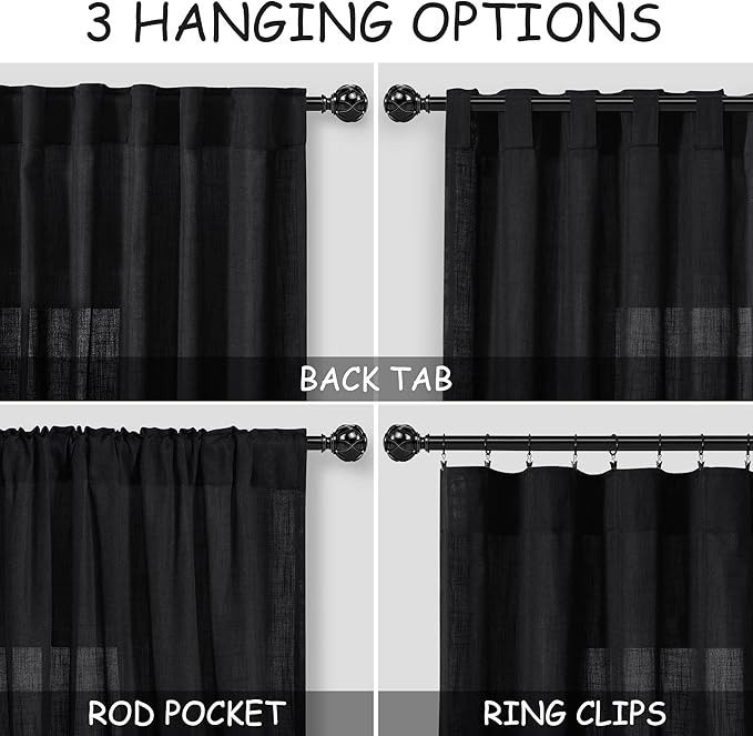 Nanspring Black Short Linen Textured Curtains 40 Inches Long 2 Panels Set for Bedroom Small Window Curtain Back Tab Rod Pocket Semi Sheer Light Filtering Drapes for Kitchen Cafe Living Room W52xL40