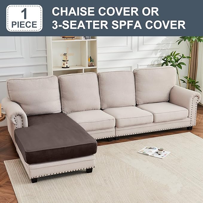 Couch Cover Velvet Chaise Cushion Cover for Sectional Sofas - Elastic L-Shaped Sofa Seat Covers Washable, Slipcover Protector (1-Piece, Coffee)