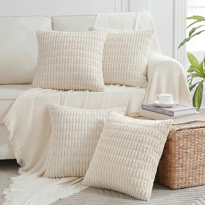 Fancy Homi 4 Packs Boho Cream Decorative Throw Pillow Covers 24x24 Inch for Living Room Couch Bed Sofa, Rustic Modern Farmhouse Home Decor, Soft Plush Corduroy Beige Cute Square Cushion Case 60x60 cm