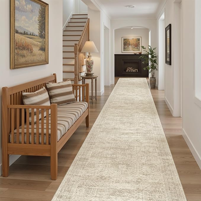 Runner Rug 2'6" x 16' Washable Non-Slip 2.5x16 ft Long Runner Rugs for Kitchen Bathroom Laundry Room Vintage Ultra Thin Runners for Hallway Entryway Beige
