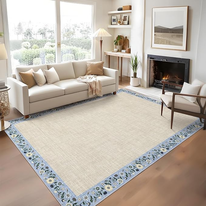GarveeHome 10x13 Machine Washable Rugs for Living Room Large Area Rug Modern Floral Indoor Accent Carpet Low Pile Carpet Soft Throw Aesthetic Floor Cover for Bedroom Laundry Dining Room, Beige