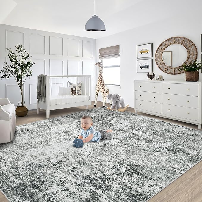 XLUEZ 9x12 Area Rug for Living Room, Washable Modern Abstract Large Area Rug Neutral Soft Non Slip Kids Rug Stain Resistant Indoor Carpet for Bedroom Dining Room Playroom Office(Grey, 9'x12')