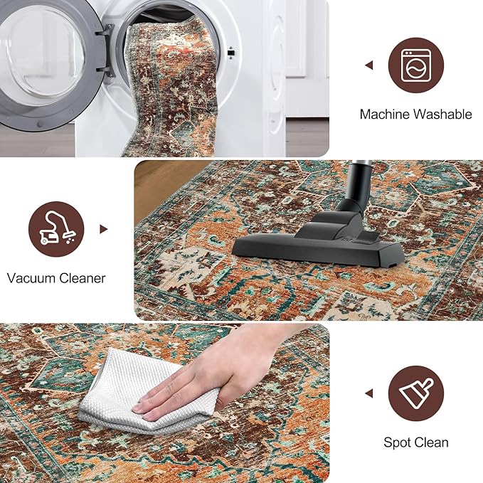 Yamaziot Washable Area Rug, 4x6 Non-Slip Boho Vintage Living Room Bedroom Rug with Rubber Backing, Low Pile Faux Wool Soft Distressed Rug Floor Carpet for Living Room, Laundry, Kids Playroom