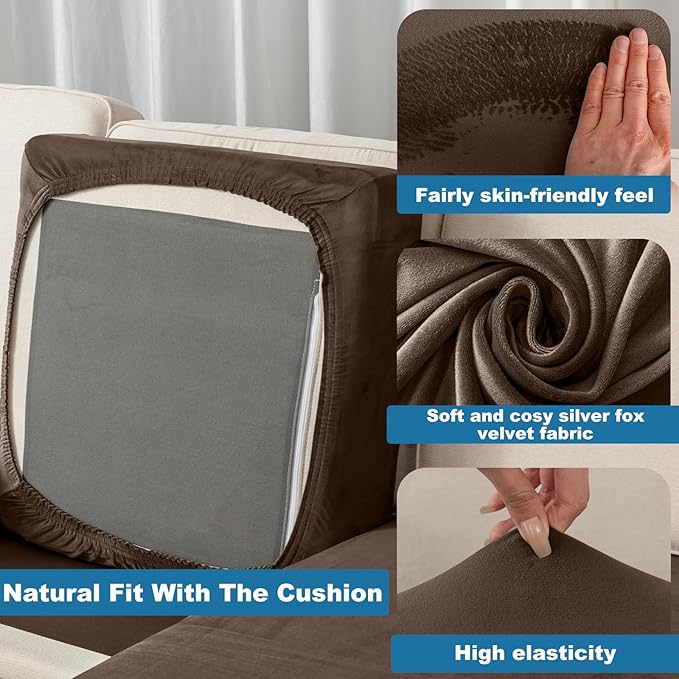 Couch Cover Stretch Velvet Sofa Cushion Cover 2-Piece - Elastic Washable Slipcover for Seat or Backrest, Couch Seat Covers for Sofas (Coffee)