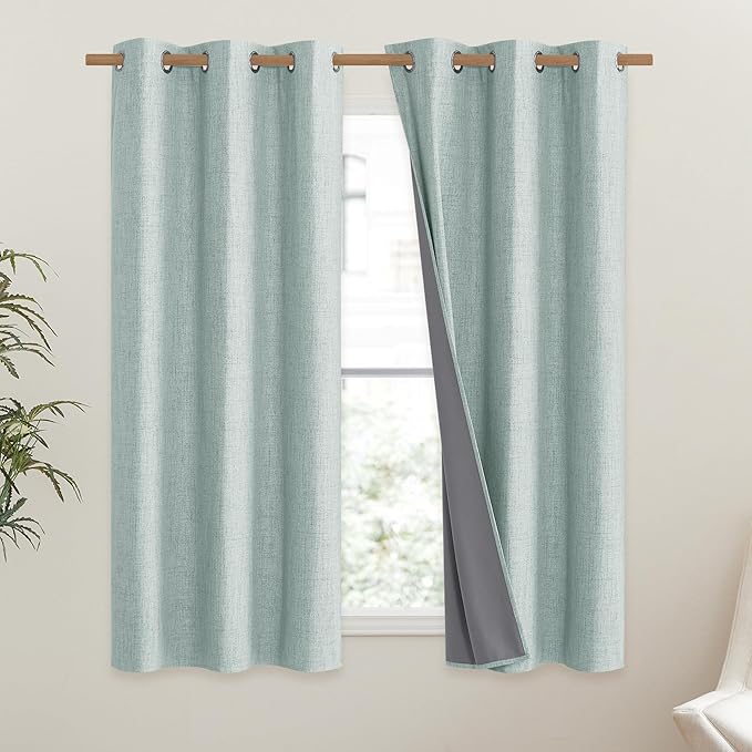 NICETOWN 100% Absolutely Blackout Linen Curtains with Thermal Insulated White Liner, Seafoam Green, 42 inches Wide, 63 inches Length Energy Saving Curtains for Kitchen 2 Panels Set, Vertical Blinds