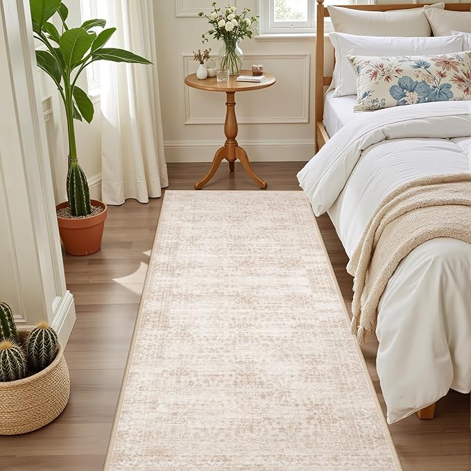 Hallway Runner Rug Non Slip - Washable 2.6x8 Kitchen Rugs for Living Room, Low-Pile Soft Bedroom Rug Indoor Floor Stain Resistant Carpets for Entryway, Laundry, Bathroom Beige Brown