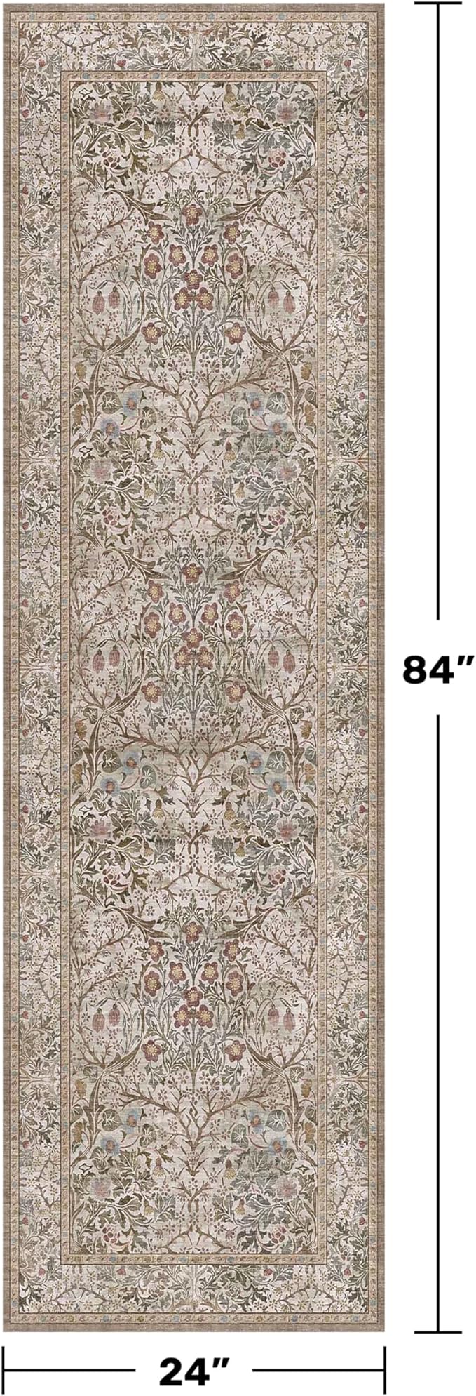 Hazo Haus Non Slip 2x7 Moss Green Hallway Runner - Long Runner Rugs for Bathroom, Washable Kitchen Floor Mat, Bedroom Bedside - Brown Earthy Vintage Floral Décor