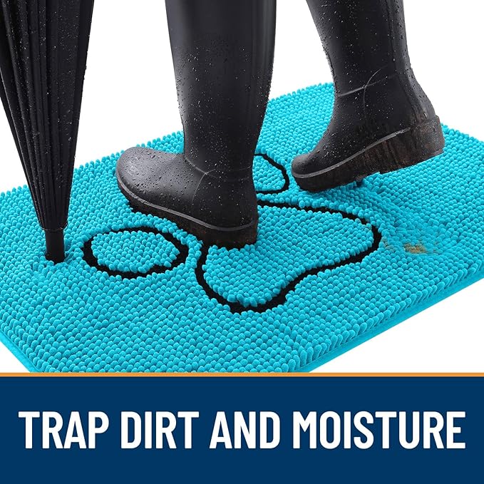 OLANLY Dog Door Mat for Muddy Paws 30x20, Paw Print Design, Absorbs Moisture and Dirt, Absorbent Non-Slip Washable Doormat, Quick Dry Chenille Mud Mat for Dogs, Entry Indoor Entryway Carpet, Aqua Blue