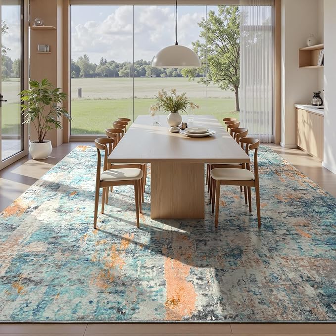 Ompaa Living Room Rug 6x9 Blue Area Rug Machine Washable Boho Rug Non Slip Abstract Vintage Indoor Large Rugs for Bedroom, Classroom, College Dorm, Farmhouse, Dining Room, Kids Playroom