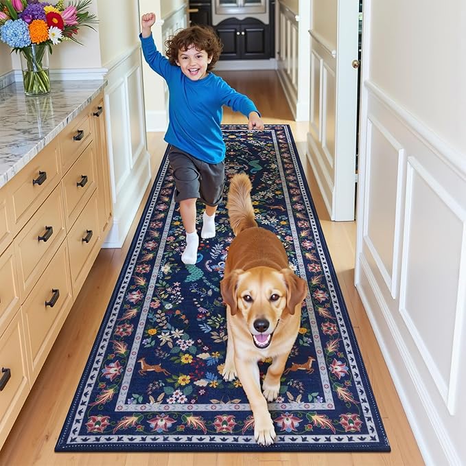 HEBE Washable Hallway Runner Rug 2'x 8' Non Slip Kitchen Rugs Runner,Low Pile Entryway Rug Laundry Room Mat Floral Carpet Runners for Hallways, Kitchen,Bathroom,Laundry,Bedside Rug