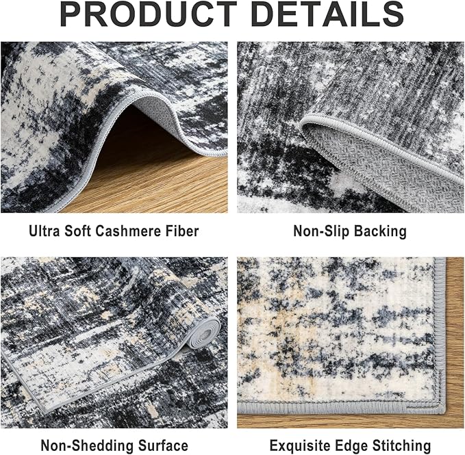 Area Rugs Living Room Rug - 4x6 Washable Modern Abstract Soft Neutral Non-Slip Carpet Large Indoor Floor Thin Carpets for Bedroom Dining Room Farmhouse Nursery Home Office Black Gold