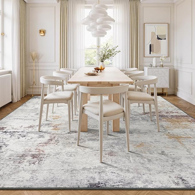 Rugflix 9x12 Area Rugs for Living Room, Washable Large Rug Stain-Resistant Low Pile, Modern Neutral Carpet for Dining Room Home Office Kid Room Nursery Bedroom, Grey Brown