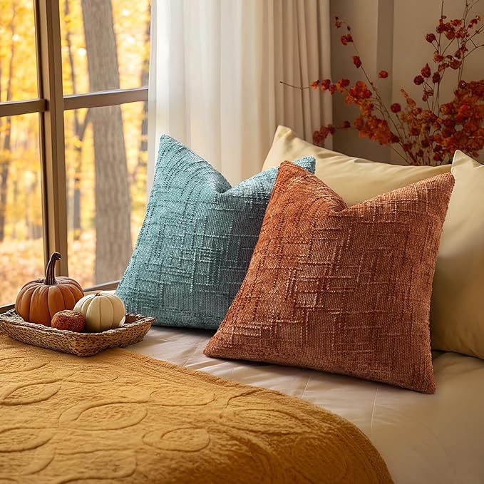 decorUhome Rust Chenille Throw Pillow Covers 18x18 Set of 2 Textured Soft Cozy Slubby Couch Pillow Covers Modern Farmhouse Boho Decorative Pillow Cases for Bed Sofa Living Room