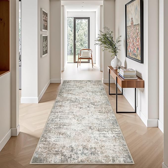 2.6'x8' Runner Rug Washable Rug;Modern Abstract Soft Thin Runner Rug Brown Grey