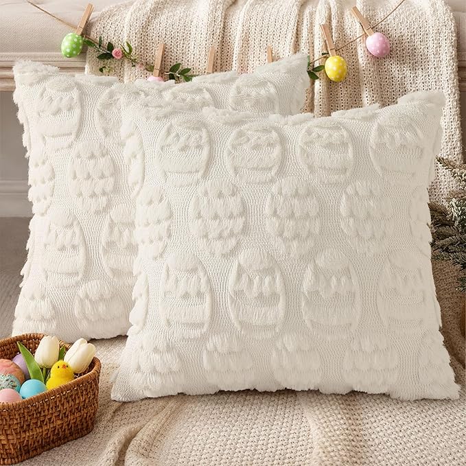 decorUhome Easter Cream White Egg Pillow Covers 18x18 Inch Set of 2, Soft Plush Faux Wool Jacquard Cushion Covers, Farmhouse Neutral Fuzzy Spring Easter Holiday Decor for Couch Sofa Bed