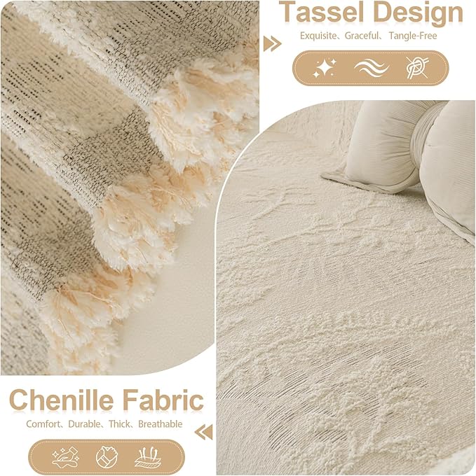 HANDONTIME Washable Couch Covers for Sofa Boho Couch Covers for 3 Cushion Sofa Pet Friendly Beige Chenille Jacquard Couch Protector for Dogs Plant Branch Sectional Cover Sofa Slipcovers, 71" X 134"