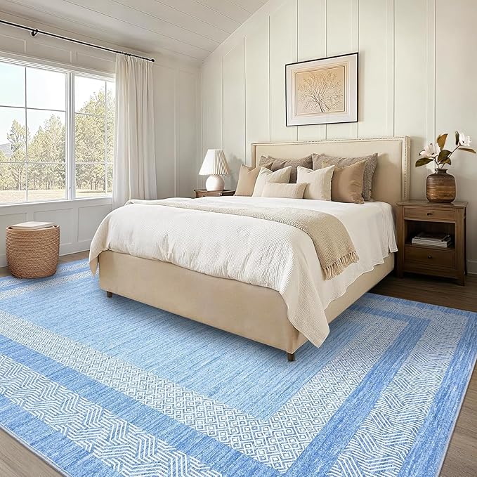 GarveeHome 9x12 Large Modern Light Blue Area Rug Distressed Bordered Soft Non Shedding Floor Carpet, Geometric Washable Non Slip Low Pile Indoor Area Rug for Living Room, Bedroom