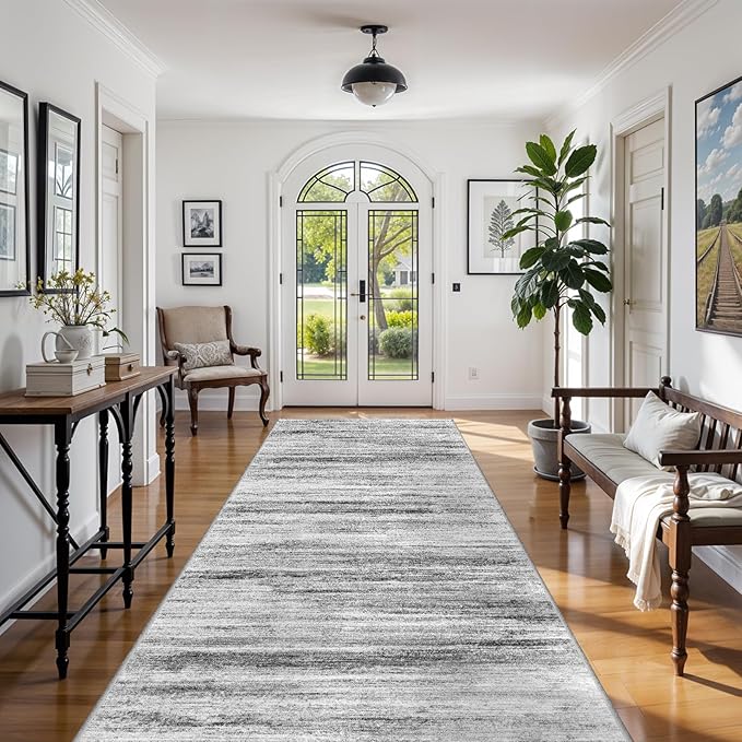 Large Runner Rugs for Hallway 4x18: Non-Slip Washable Wide Carpet - Soft Low-Pile Stain and Spill Resistant Rug for Entryway Living Room Dining Room Balcony Garage Office Grey