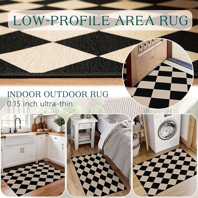 Front Door Mat Outside Entrance - 2x3 Black Tan Non-Slip Washable Doormat Indoor Outdoor Mat Entry Rug Geometric Diamond Small Throw Rugs for Entryway Kitchen Front Porch Decor