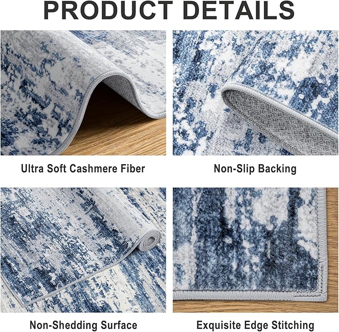 Area Rugs Living Room Rug - 5x7 Washable Modern Abstract Soft Neutral Non-Slip Carpet Large Indoor Floor Thin Carpets for Bedroom Dining Room Farmhouse Nursery Home Office Blue Gray
