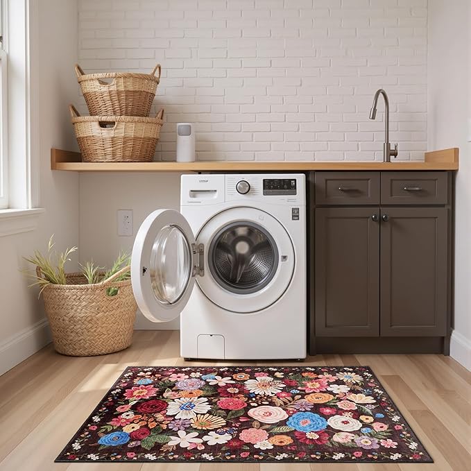 2x5 Entryway Runner Rugs, Non Slip Washable Rugs with Rubber Backing Soft Floral Carpet Runner for Kitchen, Laundry, Bedroom, Bathroom(2 x 5, Black/Brown)