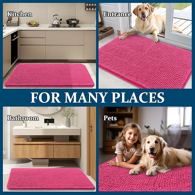 OLANLY Dog Door Mat for Muddy Paws 45x27, Absorbs Moisture and Dirt, Absorbent Non-Slip Washable Doormat, Quick Dry Chenille Mud Mat for Dogs, Entry Indoor Entryway Carpet for Inside Floor, Hot Pink