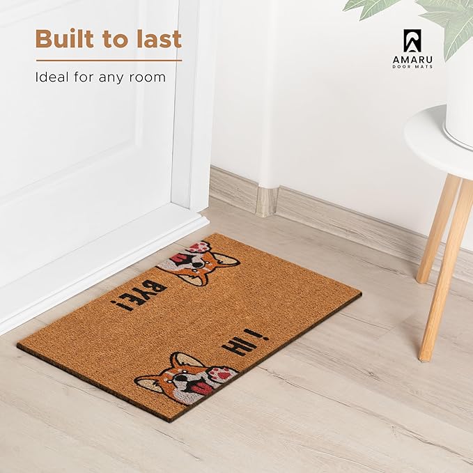 Hi-Bye Dog - 17"x29" - Coir Door Mat with Heavy Duty Backing - Welcome Mats for Entryway, Porch - Anti-Slip PVC & Coconut Fiber Surface - Natural Home Accessories, Minimalist Original Design