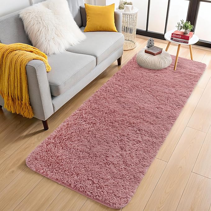 OLANLY 2x6 Machine Washable Runner Rugs for Hallway, Soft Fluffy Shaggy Bedside Rugs for Bedroom, Living Room, Indoor Floor Carpet for Kids Girls Boys, Nursery Rooms, Home Decor Aesthetic, Pale Pink
