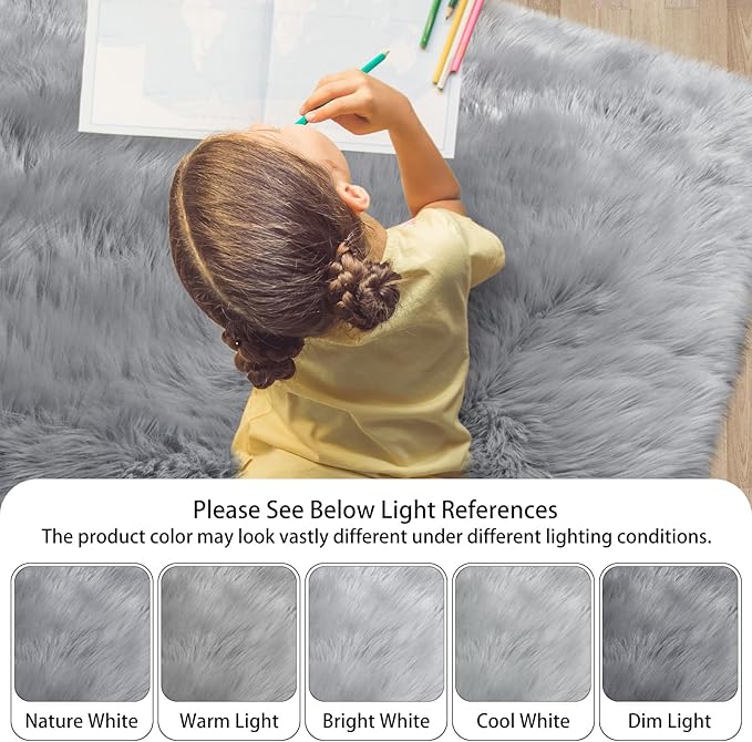 Ciicool Round Fur Fluffy Area Rug for Bedroom, Grey Faux Fur Rugs Furry Circle for Kids Room, Cute Furry Nursery Carpet, Plush Shag Circular Rugs Floor Carpets 3x3 Ft
