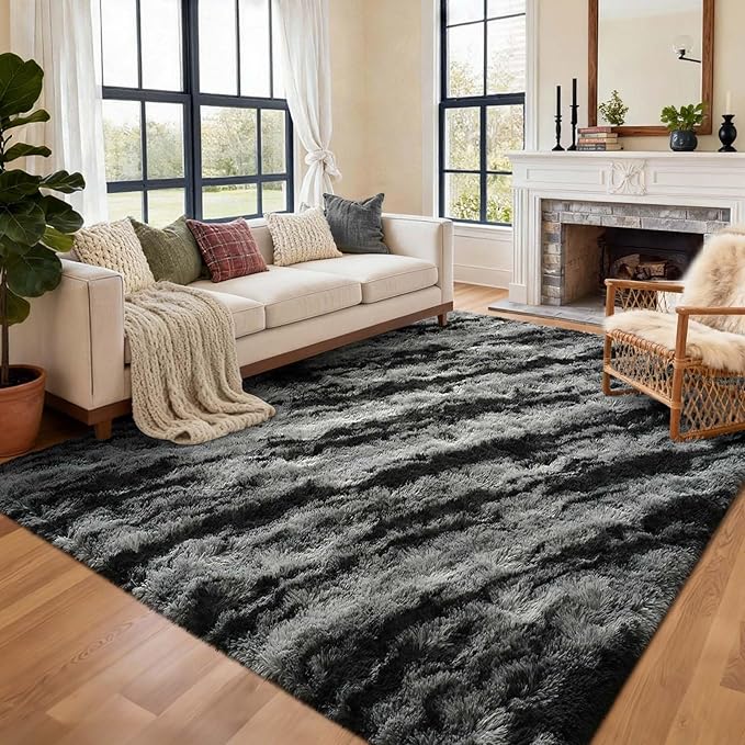 Area Rugs for Living Room, 4x6 Feet Soft Fluffy Shagg Plush Rug High Pile Large Non-Slip Floor Carpet for Bedroom Nursery Dorm Decor Aesthetic Black