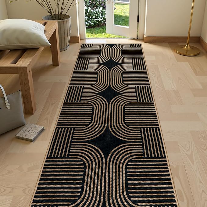 Lahome Enfys Modern Geometric Black Runner Rug, 2x8 Indoor Outdoor Hallway Kitchen Runner Rug with Rubber Backing, Farmhouse Washable Non Slip Non Shedding Floor Carpet for Bedroom Entry Patio